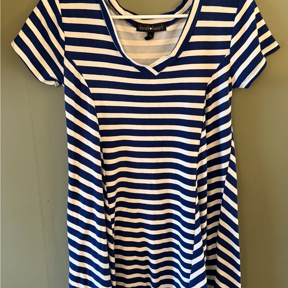 Derek Heart Navy and White Striped V‑Neck Tee Dress